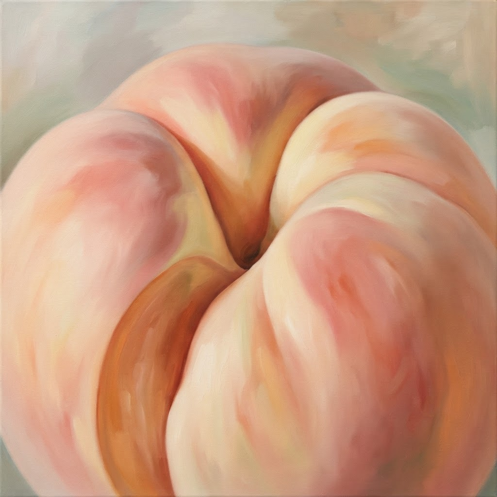 Two ripe peaches painted in close-up, in the style of Georgia O'Keeffe